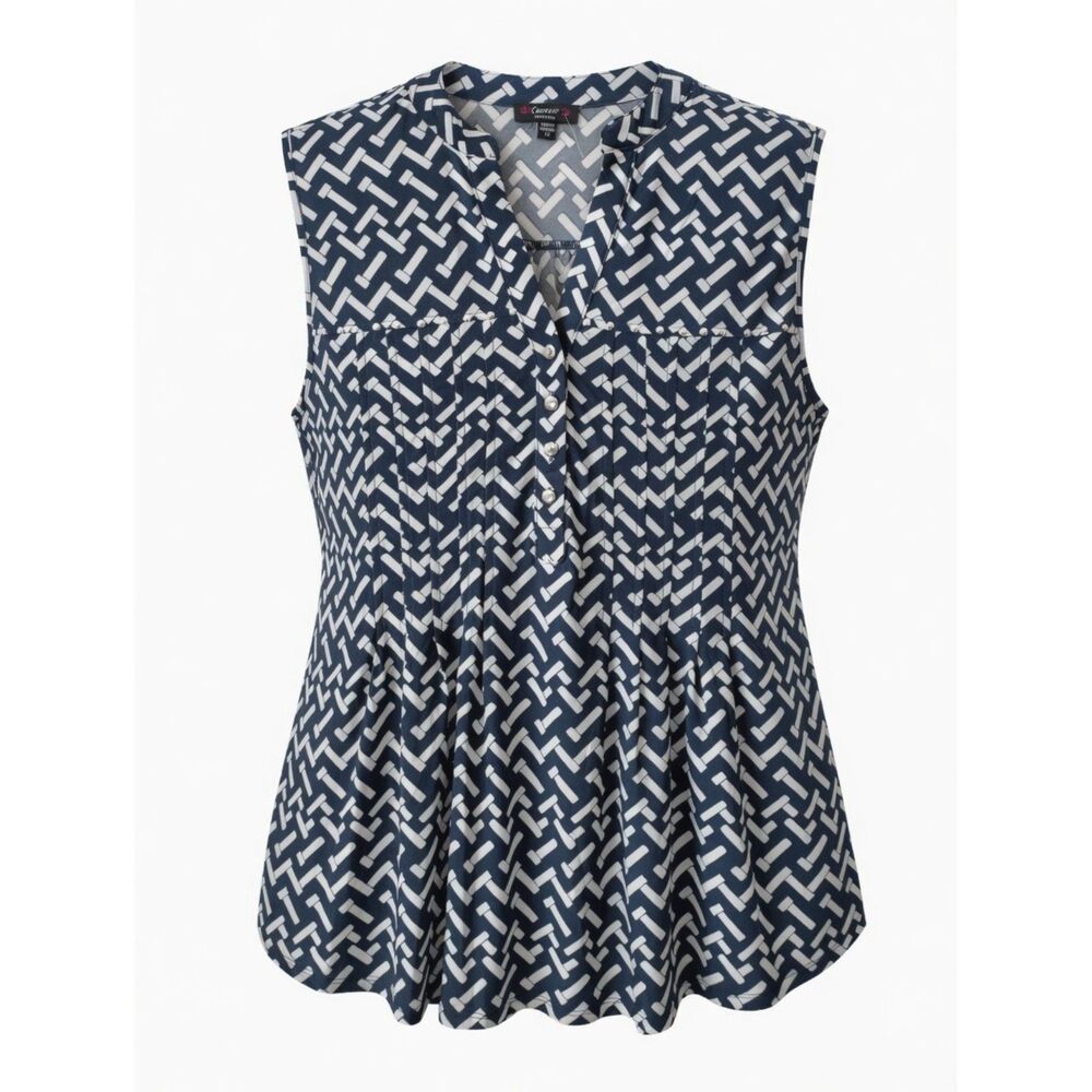 Cocomo Women's Plus Size 2X Blue  White Geo Print Studded Pintuck Sleeveless Top